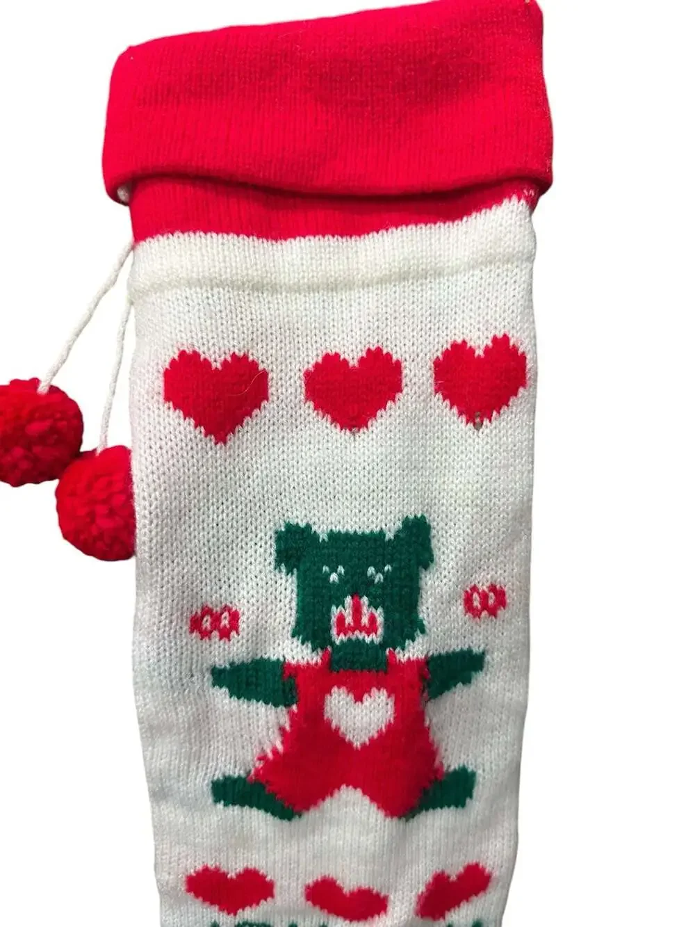 Vintage Knit Christmas Stocking Red and White with Teddy Bear Joy Noel Hearts an